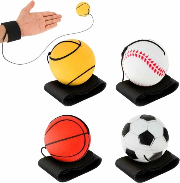 Bolas |   4 Peças de Bola de Retorno para Pulso – Bola de Borracha Rebatível de 2 Polegadas com Pulso em Corda – Bola Esportiva para Pulso Inclui Basquete, Beisebol e Futebol para Exercícios ou Brincadeiras de Adolescentes e Adultos. Bolas Bolas