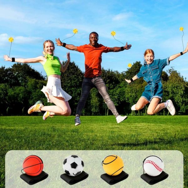 Bolas |   4 Peças de Bola de Retorno para Pulso – Bola de Borracha Rebatível de 2 Polegadas com Pulso em Corda – Bola Esportiva para Pulso Inclui Basquete, Beisebol e Futebol para Exercícios ou Brincadeiras de Adolescentes e Adultos. Bolas Bolas