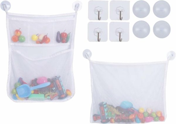 Brinquedos de Banho |   2 Peças de Sacos Organizadores de Brinquedos de Banho em Malha com Ventosas e Ganchos – Suporte para Brinquedos de Banho – Sacos de Armazenamento de Brinquedos de Banho para Bebês e Crianças – Armazenamento para Banheiro Brinquedos de Banho Branco