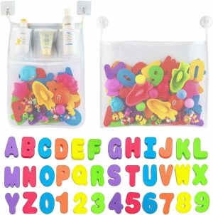 Brinquedos de Banho |   2 X Organizador de Brinquedos de Banho em Malha + 6 Ganchos Ultra Fortes + 36 Letras e Números de Banho – Letras de Espuma Educativas e Seguras para o Meio Ambiente e Rede de Armazenamento Perfeita para Brinquedos de Banho de Bebês e Mais Brinquedos de Banho Branco