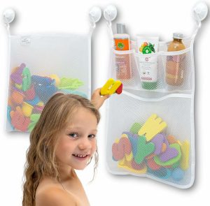 Brinquedos de Banho |   2 X Organizador de Brinquedos de Banho em Malha + 8 Ganchos Ultra Fortes – O Suporte Perfeito para Brinquedos de Banho e Caddy para Banheiro ou Chuveiro – Estas Sacolas de Rede Multiuso Facilitam o Armazenamento de Brinquedos de Banho para Bebês – Para Crianças e Crianças Pequenas Brinquedos de Banho Branco x2