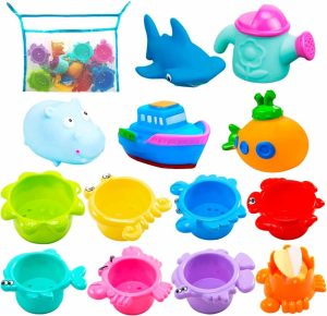 Brinquedos de Banho |   Brinquedos de Banho para Bebês para Mesa de Água – Brinquedos Aquáticos para Crianças com Brinquedos de Banho Sem Mofo – Copos Empilháveis – Rede Organizadora de Secagem Rápida – 13 Peças de Brinquedos para Mesa de Água para Crianças – Jogo de Banheira – Festa na Praia e na Piscina Brinquedos de Banho Brinquedos de Banho