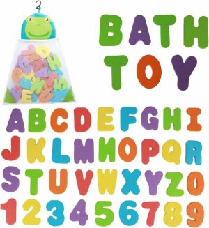 Brinquedos de Banho |   Organizador de Brinquedos de Banho + 36 Letras e Números em Espuma Macia ABC 123 – Brinquedos de Banho para Bebês para Aprendizado Precoce com Letras em Espuma e Bolsa de Rede de Armazenamento de Secagem Rápida Brinquedos de Banho Azul