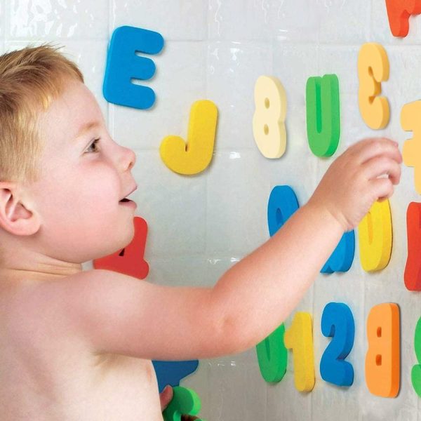 Brinquedos de Banho |   Organizador de Brinquedos de Banho + 36 Letras e Números em Espuma Macia ABC 123 – Brinquedos de Banho para Bebês para Aprendizado Precoce com Letras em Espuma e Bolsa de Rede de Armazenamento de Secagem Rápida Brinquedos de Banho Azul