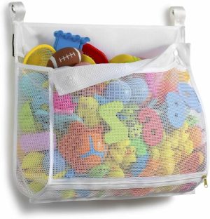 Brinquedos de Banho |   Organizador de Brinquedos de Banho em Malha com Zíper Inteligente – Múltiplas Formas de Pendurar – Abertura Extra Grande – Suporte para Brinquedos de Banho com Grande Capacidade – Bolsa de Armazenamento para Brinquedos de Banho Multiuso (1 Grande, Branca) Brinquedos de Banho Branco