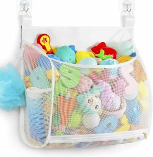 Brinquedos de Banho |   Organizador de Brinquedos de Banho em Malha para Bebês – Múltiplas Formas de Pendurar – Capacidade Ultra Grande e Abertura Ampla – Suporte para Brinquedos de Banho – Bolsa de Armazenamento para Brinquedos de Banho com 2 Bolsos Laterais (Grande Branco) Brinquedos de Banho Branco