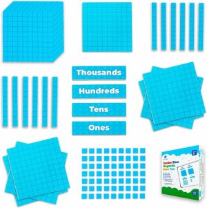 Brinquedos de Classificação e Empilhamento |   131+4 Pcs Blocos Jumbo Azuis Magnéticos Base 10 para Matemática + Títulos – Manipulativos de Matemática Blocos Base 10 Manipulativos de Valor de Posicionamento Ímãs Contadores para Crianças Itens Essenciais para a Sala de Aula Brinquedos de Classificação e Empilhamento Azul