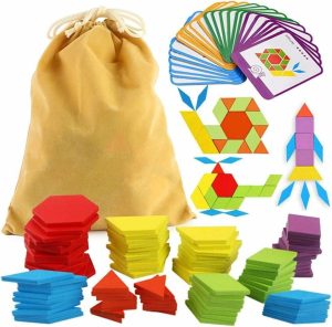 Brinquedos de Classificação e Empilhamento |   209 Peças de Blocos de Madeira com Padrões – Blocos de Formas Geométricas com Cartas – Quebra-Cabeças Tangram para Crianças – Brinquedos Educativos de Tangram Brinquedos de Classificação e Empilhamento Brinquedos de Classificação e Empilhamento