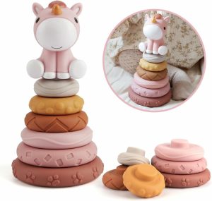 Brinquedos de Classificação e Empilhamento |   7 Peças de Brinquedos Empilháveis e Aninháveis para Bebês – Brinquedos de Mordida para Bebês e Círculo de Construção com Figura de Cavalo Rosa – Essenciais para Recém-Nascidos de 6 a 18 Meses para Meninas e Meninos. Brinquedos de Classificação e Empilhamento Brinquedos de Classificação e Empilhamento