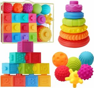 Brinquedos de Classificação e Empilhamento |   Brinquedos de Silicone Montessori para Bebês a Partir de 6 Meses + Brinquedos Educativos de Desenvolvimento Sensorial para Bebês e Crianças Pequenas – Blocos de Montar, Anéis Empilháveis, Bolas Sensoriais – (24 Peças) Brinquedos de Classificação e Empilhamento Brinquedos de Classificação e Empilhamento