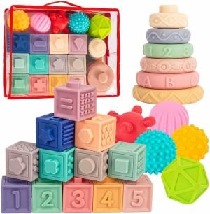 Brinquedos de Classificação e Empilhamento |   Brinquedos Montessori 3 em 1 para Bebês de 0-3-6-12 Meses – Brinquedos de Dentição Macios para Bebês – Blocos de Construção Empilháveis para Bebês – Brinquedos Educativos de Desenvolvimento Sensorial para Crianças de 12-18 Meses, 23 Peças Brinquedos de Classificação e Empilhamento Brinquedos de Classificação e Empilhamento