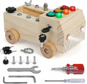 Brinquedos de Classificação e Empilhamento |   Caminhão de Madeira Montessori – Quadro Ativo para Crianças Pequenas | Brinquedo Educativo para Aprendizagem de Habilidades Motoras Finas na Pré-Escola | Conjunto de Ferramentas com Chave de Fenda, Luzes, Interruptores, Chave e Botão | Carro de Madeira Sensorial Montessori para Crianças Brinquedos de Classificação e Empilhamento Brinquedos de Classificação e Empilhamento