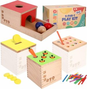 Brinquedos de Classificação e Empilhamento |   Kit de Brincadeira 4-em-1 Inclui Caixa de Permanência de Objetos, Jogo de Colheita de Cenouras com Moedas Montessori, Jogo de Queda de Cores com Palitos – Brinquedos para Bebês de 6 a 12 Meses, 1 Ano, 2 Anos e 3 Anos. Brinquedos de Classificação e Empilhamento Brinquedos de Classificação e Empilhamento