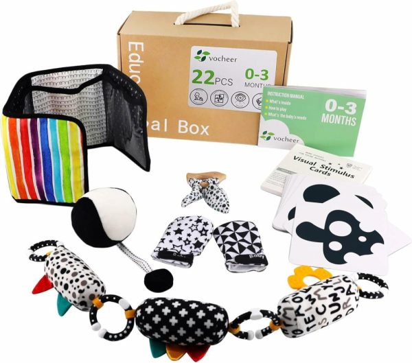 Brinquedos de empurrar e puxar |   Brinquedos de Alto Contraste para Bebês – Conjunto de Presentes Sensoriais Preto e Branco 6 em 1 para Recém-Nascidos de 0 a 3 Meses – Kit Educacional Montessori de Aprendizagem Precoce com 21 Peças Brinquedos de empurrar e puxar Brinquedos de empurrar e puxar