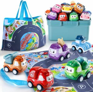 Brinquedos de empurrar e puxar |   Brinquedos de Carro Mini para Meninos de 1 Ano – 12 Conjuntos de Caminhões com Retrocesso com Tapete de Brincar/Caixa de Armazenamento para Crianças de 1 a 2 Anos – Brinquedos para Bebês de 12 a 18 Meses – Presentes de Natal e Aniversário de 1 Ano. Brinquedos de empurrar e puxar Brinquedos de empurrar e puxar