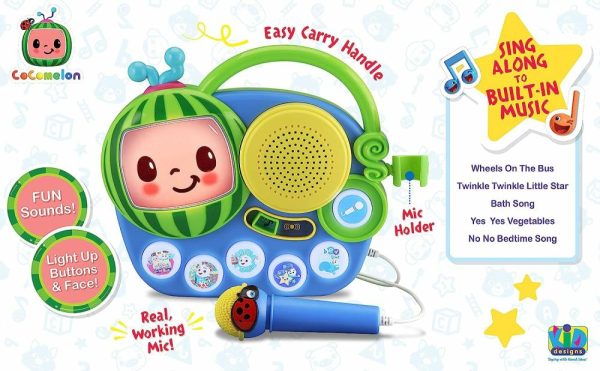 Brinquedos Musicais |   Brinquedo Auxiliar Cocomelon Boombox com Microfone para Crianças Pequenas – Música Integrada e Luzes Piscantes – Presentes para Fãs de Cocomelon Brinquedos Musicais Brinquedos Musicais