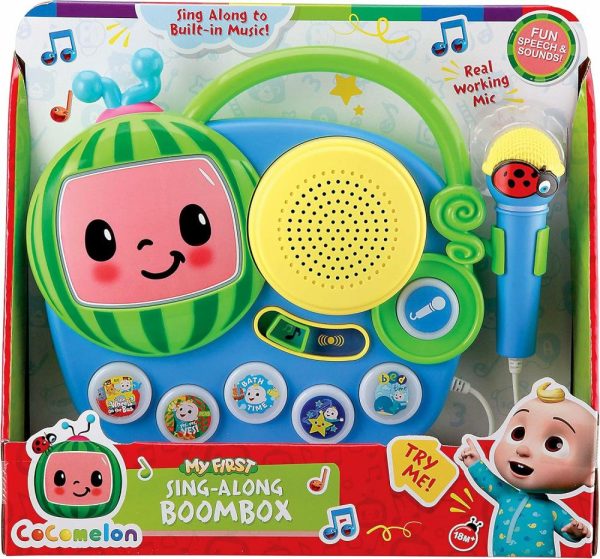 Brinquedos Musicais |   Brinquedo Auxiliar Cocomelon Boombox com Microfone para Crianças Pequenas – Música Integrada e Luzes Piscantes – Presentes para Fãs de Cocomelon Brinquedos Musicais Brinquedos Musicais