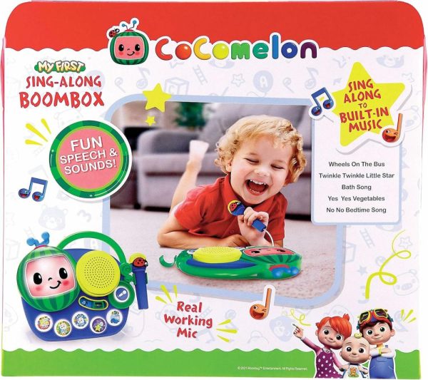 Brinquedos Musicais |   Brinquedo Auxiliar Cocomelon Boombox com Microfone para Crianças Pequenas – Música Integrada e Luzes Piscantes – Presentes para Fãs de Cocomelon Brinquedos Musicais Brinquedos Musicais