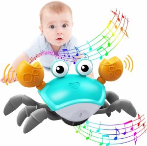 Brinquedos Musicais |   Brinquedo de Caranguejo para Bebês, Brinquedos para Hora da Barriguinha com Música e Luz LED que Evitam Obstáculos Automaticamente, Bateria Recarregável Integrada para Brinquedo Interativo de Desenvolvimento Infantil. Brinquedos Musicais Azul