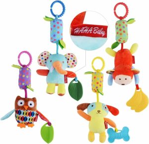 Brinquedos para Cadeira de Carro e Carrinho de Bebê |   Brinquedos para 0 a 12 meses: Brinquedo sensorial macio com penduricalho, que faz barulho e tem textura para aprendizado. Ideal para bebês e recém-nascidos, perfeito para carrinho, cadeirinha de carro e berço. Atividade de viagem com chocalho de pelúcia em forma de animal, incluindo mordedor, para meninos e meninas. Brinquedos para Cadeira de Carro e Carrinho de Bebê Brinquedos para Cadeira de Carro e Carrinho de Bebê