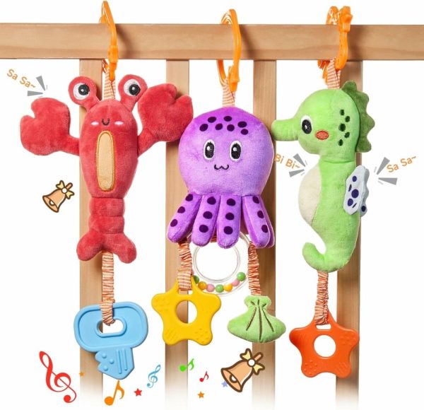 Brinquedos para Cadeira de Carro e Carrinho de Bebê |   Brinquedos para Bebês 0 a 12 Meses – Brinquedos de Carrinho Suspensos de Animais Marinhos Macios – Brinquedos para Berço e Cadeira de Carro – Chocalhos de Tecido com Mordedor – Brinquedo Sensorial Squeaky para Desenvolvimento do Recém-Nascido Brinquedos para Cadeira de Carro e Carrinho de Bebê Brinquedos para Cadeira de Carro e Carrinho de Bebê