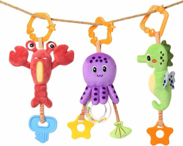 Brinquedos para Cadeira de Carro e Carrinho de Bebê |   Brinquedos para Bebês 0 a 12 Meses – Brinquedos de Carrinho Suspensos de Animais Marinhos Macios – Brinquedos para Berço e Cadeira de Carro – Chocalhos de Tecido com Mordedor – Brinquedo Sensorial Squeaky para Desenvolvimento do Recém-Nascido Brinquedos para Cadeira de Carro e Carrinho de Bebê Brinquedos para Cadeira de Carro e Carrinho de Bebê