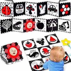 Brinquedos para Cadeira de Carro e Carrinho de Bebê |   Brinquedos para Bebês em Preto e Branco de Alto Contraste 0-6 Meses – Brinquedos Montessori para Tempo de Barriga – Brinquedos Sensoriais com Ruído para Bebês Recém-Nascidos 0-3 e 3-6 Meses – Livros de Tecido Macios – Brinquedos para Carro para Meninos e Meninas – Presentes para Bebês Brinquedos para Cadeira de Carro e Carrinho de Bebê Branco