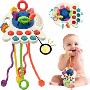 Brinquedos para Cadeira de Carro e Carrinho de Bebê |   Brinquedos Sensoriais Montessori para Bebês de 6 a 12 Meses – Brinquedos de Viagem para Crianças de 1 a 2 Anos – Presentes de Aniversário para Meninos e Meninas – Brinquedos Educativos de Banho com Cordão Macio para Bebês de 9, 10 e 18 Meses. Brinquedos para Cadeira de Carro e Carrinho de Bebê Azul