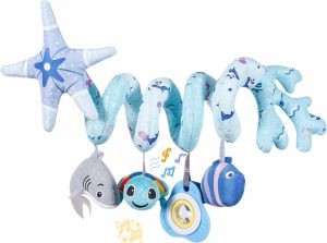 Brinquedos para Cadeira de Carro e Carrinho de Bebê |   Conjunto de Brinquedos de Pelúcia Espiral Deluxe com 5 Peças – Animais de Chocalho Fofos para Bebês, Incluindo Tubarão, Ideal para Carrinho, Móbile de Berço e Brinquedos para Cadeira de Carro para Bebês de 0 a 6 Meses até 1 Ano – Azul Coral Brinquedos para Cadeira de Carro e Carrinho de Bebê Brinquedos para Cadeira de Carro e Carrinho de Bebê