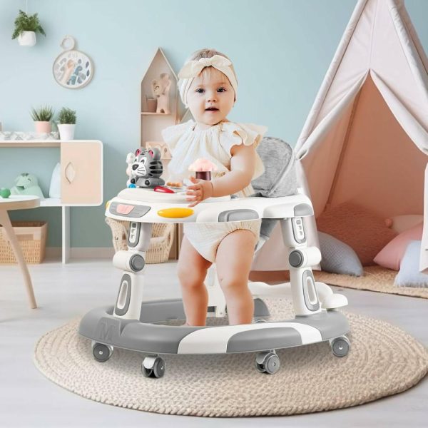 Caminhantes |   Andador 4 em 1 Dobrável para Bebês e Centro de Atividades com Bandeja de Brinquedos, Andador Infantil Ajustável em 3 Alturas com Rodas para Meninos e Meninas de 6 a 24 Meses (Cinza) Caminhantes Caminhantes