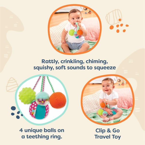 Chocalhos e Anéis de Pelúcia |   B. Bebê – Chocalho Sensorial para Bebês – Brinquedo para Bebê – 4 Bolas e Clipe – Cores, Texturas e Sons – Sons Super Macios – 3 Meses + Chocalhos e Anéis de Pelúcia Chocalhos e Anéis de Pelúcia