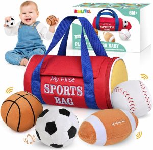 Chocalhos e Anéis de Pelúcia |   Brinquedos para Bebês de 0 a 12 Meses – Minha Primeira Bolsa de Esportes Brinquedo de Pelúcia – 4 Bolas Sensoriais Brinquedos Macios com Som de Papel e Chocalhos para Bebês de 0-3-6-9-12 Meses, Ideal para o Primeiro Aniversário de Meninos e Meninas a partir de 1 Ano. Chocalhos e Anéis de Pelúcia Chocalhos e Anéis de Pelúcia