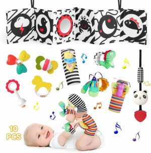 Chocalhos e Anéis de Pelúcia |   Chocalhos para Bebês de 0 a 6 Meses – Brinquedos em Preto e Branco de Alto Contraste para Recém-Nascidos – Brinquedos Montessori Sensoriais para Bebês – Brinquedos para Hora da Barriga de 0 a 3-6-12 Meses – Conjunto de Chocalhos para Bebês Meninos e Meninas em Fase de Dentição com Meias e Pulseiras. Chocalhos e Anéis de Pelúcia Chocalhos e Anéis de Pelúcia