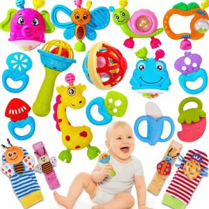 Chocalhos e Anéis de Pelúcia |   Conjunto de Brinquedos para Bebês 18 Peças 3-6 Meses – Chocalhos para Bebês 0-6 Meses – Brinquedos para Recém-Nascidos 0-3 Meses – Chocalhos para Bebês 0-6 Meses – Brinquedos para Bebês de 6 a 12 Meses – Presentes para Meninos e Meninas. Chocalhos e Anéis de Pelúcia B-18P