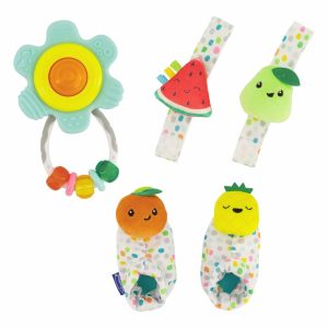 Chocalhos e Anéis de Pelúcia |   Conjunto de Presente de Chocalho para Bebê – 3 Peças: Chocalhos de Pulso, Chocalhos de Pé e Chocalho Gummy para Morder – Tema de Frutas Multicoloridas – Ideal para Bebês a Partir de 0 Meses. Chocalhos e Anéis de Pelúcia Chocalhos e Anéis de Pelúcia