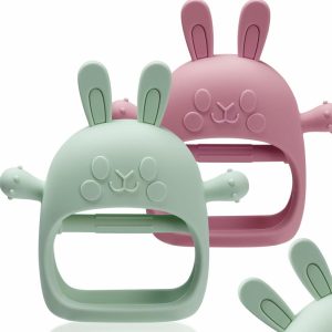 Chupetas |   2 Pacotes de Brinquedos de Dentição de Coelho para Bebês de 0 a 6 Meses, Mordedor que Não Cai para 6-12 Meses, Mitten de Dentição 100% Silicone de Grau Alimentar para Bebês, Alívio para Dentição para Meninos e Meninas, Livre de BPA Vermelho e Verde Chupetas Chupetas