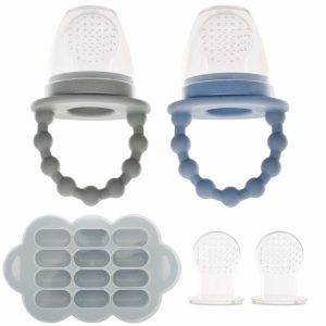 Chupetas |   Alimentadores de Comida para Bebês de Silicone + Bandeja para Congelador para Preparação em Lote – Conjunto com 2 Unidades – Introduza Novos Alimentos com Segurança – Também Serve como Brinquedos para Dentição – Inclui 2 Sacos Extras e Tampas para Viagem – Lavável na Máquina de Lavar Louça Chupetas Azul/Verde Fosco + Bandeja Verde Fosca