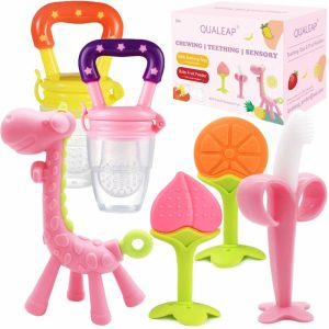 Chupetas |   Brinquedos de Dentição em Pé para Bebês de 0 a 6 Meses e de 6 a 12 Meses – Mordedores com 2 × Alimentadores de Frutas para Bebês e 4 × Mordedores para Bebês – Livre de BPA / Livre para Congelador – Diferentes Texturas Macias para Bebês e Crianças Pequenas (Rosa) Chupetas Chupetas