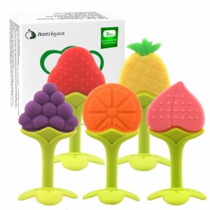 Chupetas |   Brinquedos de Dentição para Bebês – Conjunto de Mordedores de Frutas em Silicone Macio com Clip/Porta Chupeta para Crianças e Bebês – Pacote com 5 Peças Chupetas Chupetas