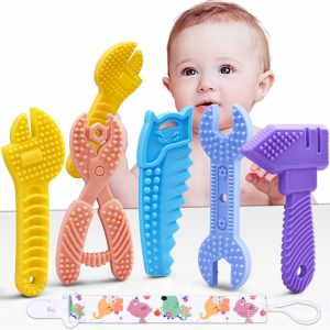 Chupetas |   Brinquedos de Dentição para Bebês de 0 a 6 Meses e de 6 a 12 Meses – Conjunto de Mordedores Molares de Silicone Livre de BPA com Texturas Macias – Brinquedos de Dentição em Forma de Martelo, Chave Inglesa e Tesoura – Kit de Presentes com 5 Peças Chupetas Chupetas