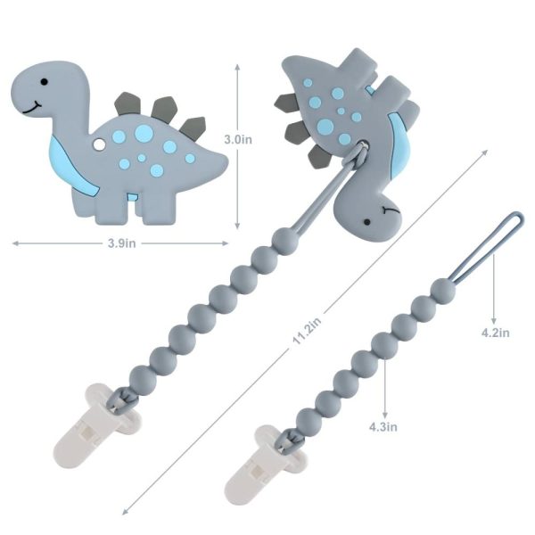 Chupetas |   Brinquedos de Dentição para Bebês de 3 a 6 meses e de 6 a 12 meses – Mordedor de Dinossauro para Alívio da Dor com Design em Uma Peça e Clip para Chupeta – Conjunto Seguro para Congelador – Presente Neutro para Chás de Bebê para Meninos e Meninas (Cinza) Chupetas Chupetas