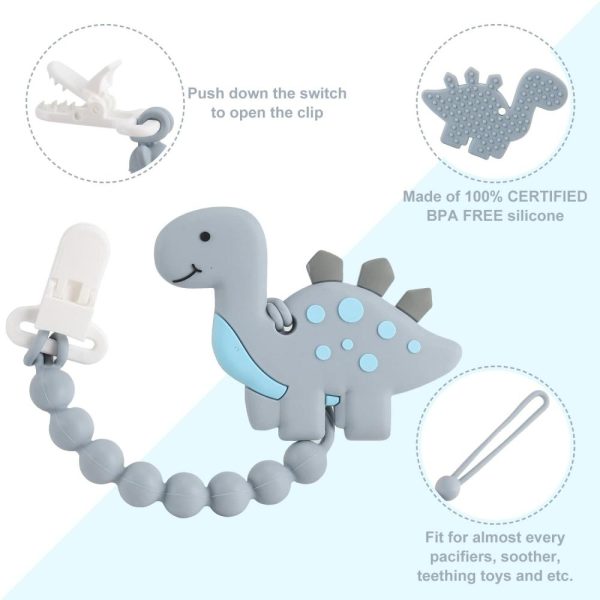 Chupetas |   Brinquedos de Dentição para Bebês de 3 a 6 meses e de 6 a 12 meses – Mordedor de Dinossauro para Alívio da Dor com Design em Uma Peça e Clip para Chupeta – Conjunto Seguro para Congelador – Presente Neutro para Chás de Bebê para Meninos e Meninas (Cinza) Chupetas Chupetas