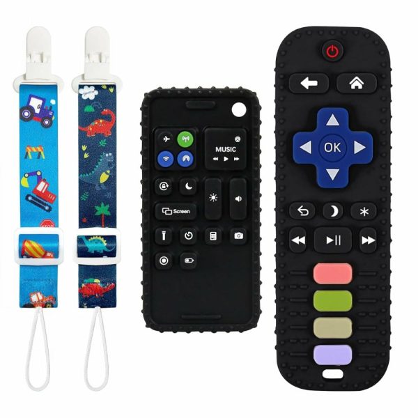 Chupetas |   Brinquedos de Mordedor para Bebês – 2 Peças de Mordedores em Forma de Controle Remoto e Telefone para Bebês – Mordedores de Silicone para Bebês de 6 a 12 Meses – Brinquedo Sensorial Educacional Precoce – Preto, Preto Chupetas 2 peças A Preto & Preto