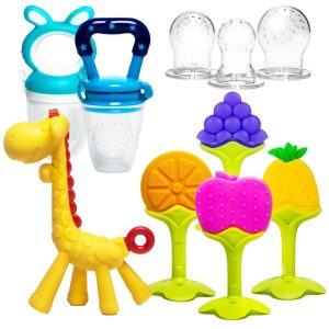 Chupetas |   Brinquedos de Mordida para Bebês de 0 a 6 Meses e de 6 a 12 Meses – Pacote com 6 Peças: 4 Mordedores para Bebês e 2 Alimentadores de Frutas para Recém-Nascidos – Mordedores de Silicone Natural e Orgânico, Livre de BPA, para Bebês. Chupetas Chupetas