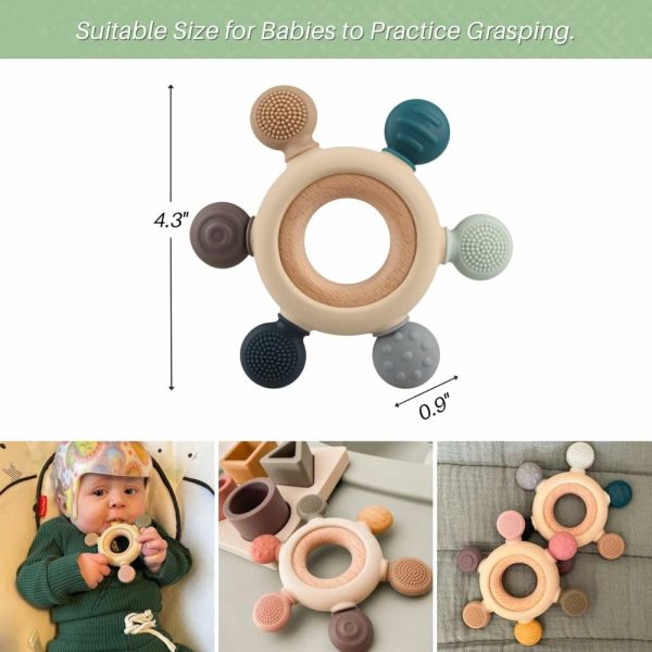 Chupetas |   Brinquedos de Mordida para Bebês – Mordedores de Silicone com Anel de Madeira para Aliviar as Gengivas dos Bebês – Mordedores em Forma de Timão – Presente de Chá de Bebê para Infantes e Crianças Pequenas a partir de 4 Meses (6 Direções, Cinza) Chupetas 6 Direções, Cinza