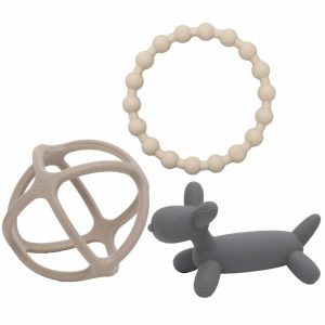 Chupetas |   Brinquedos de Silicone para Bebês e Crianças Pequenas – Mordedor em Forma de Anel, Cachorrinho e Bola – Macio e Flexível – Livre de BPA – Meninos e Meninas (Cinza Escuro Fosco, Bege e Off White) Chupetas Chupetas