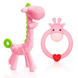 Chupetas |   Chocalho de Silicone Livre de BPA em Forma de Girafa com Estojo de Armazenamento para Bebês a Partir de 3 Meses – Alívio da Dor nas Gengivas e Chás de Bebê – Brinquedos de Mordida para Bebês (Rosa) Chupetas Chupetas