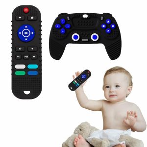 Chupetas |   Conjunto com 2 Brinquedos de Mordedor para Bebês – Brinquedos Sensoriais de Silicone para Crianças – Brinquedos Educativos em Forma de Controle Remoto de TV – Mordedores para Bebês de 6 a 18 Meses (Preto) Chupetas Chupetas