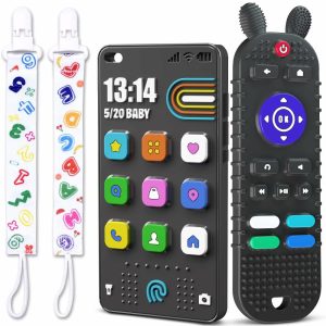 Chupetas |   Controle Remoto de TV em Forma de Brinquedos de Mordida para Bebês e Mordedor em Forma de Telefone para Bebês de 6 a 12 Meses – Brinquedos de Mastigação de Silicone Macio e Flexível para Bebês – Preto Chupetas Chupetas