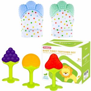 Chupetas |   Luvas de Dentição para Bebê (Pacote com 2) com Brinquedos de Dentição para Bebê (Pacote com 3) Luva de Alívio da Dor para Autoconforto, Chupetas de Silicone para Bebês, Livre de BPA, Orgânico Natural, Seguro para o Freezer para Bebês e Crianças Pequenas Chupetas Azul/Verde